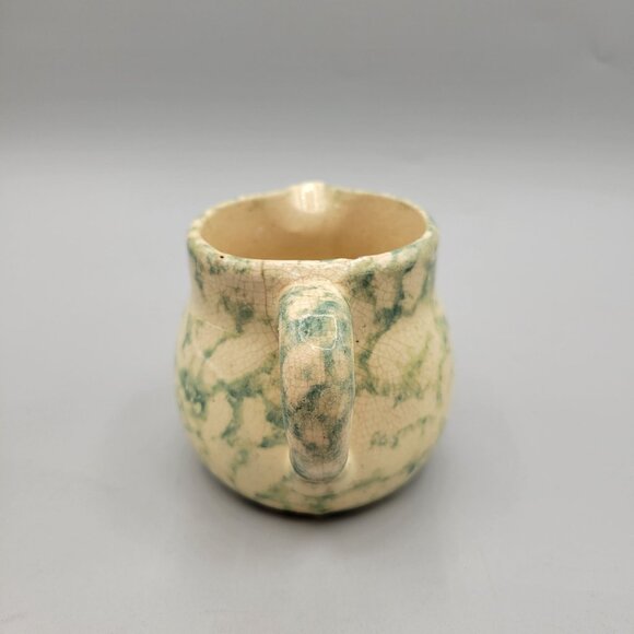 Antique Yellow Ware Spongeware Creamer Green Blue Primitive Kitchenware - Picture 2 of 7